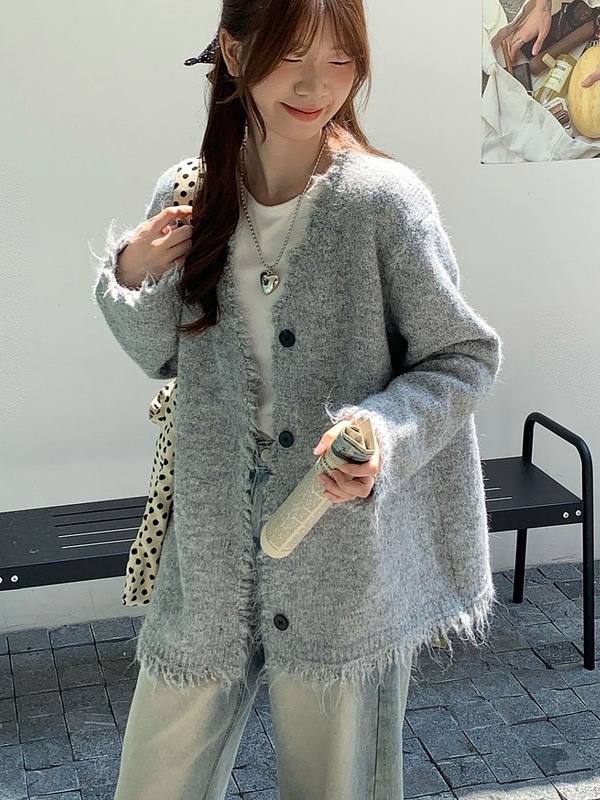 韩系设计感流苏边毛衣外套女秋冬新款宽松百搭针织开衫上衣女1361|undefined