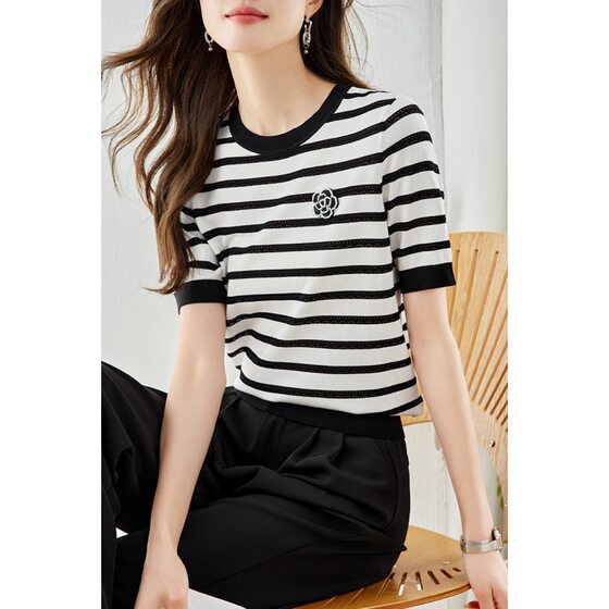 Real shot new ice silk striped knitted women's summer short sleeve casual fashion temperament white T-shirt women