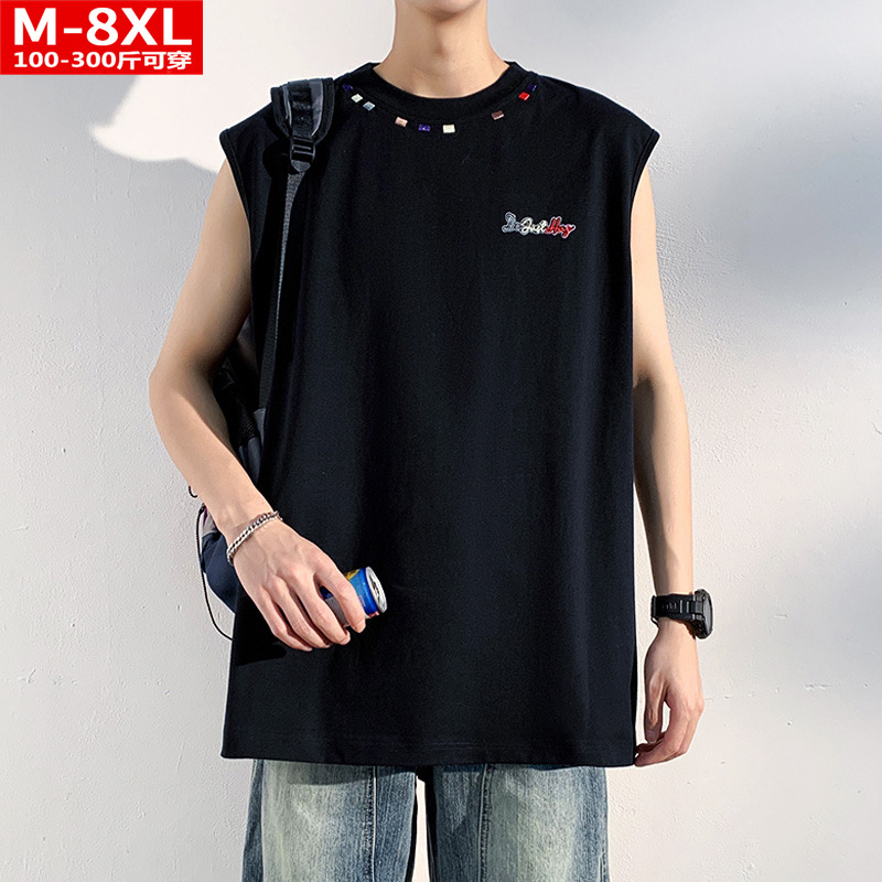 Summer Hong Kong Style Trendy Men's Fashion Embroidered Pure Cotton Sleeveless Vest Plus Size Loose Fit Sports Casual T-Shirt