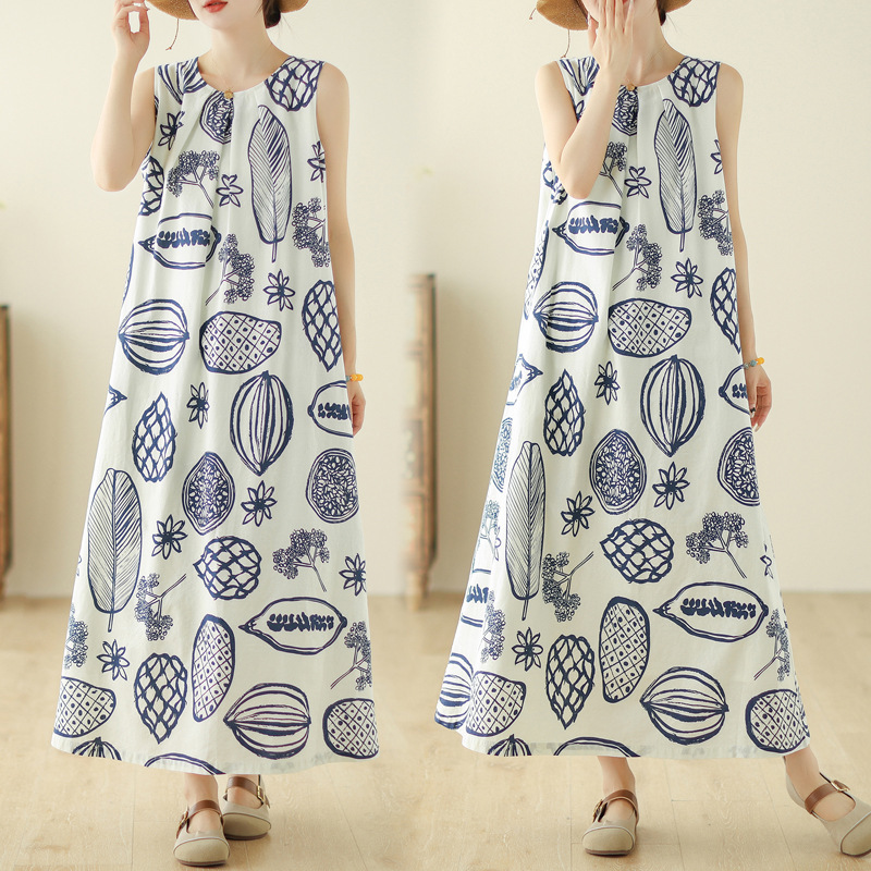 2026 Artistic Retro Tropical Plant Print Sleeveless Tank Dress Plus Size Loose A-Line Long Dress Summer