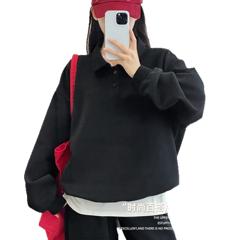 2025春秋新款女潮长袖宽松POLO领上衣棉慵懒风卫衣宽松百搭|undefined