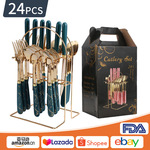 跨境不锈钢餐具24件套北欧墨绿色酒店西餐具牛排刀收纳架礼盒批发