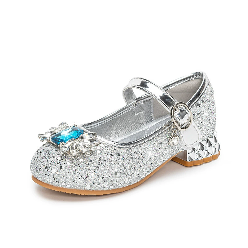 2025 весенне-осенние туфли принцессы на высоком каблуке для девочек, туфли Эльзы с кристаллами, детские блестящие туфли на мягкой подошве, детская кожаная обувь