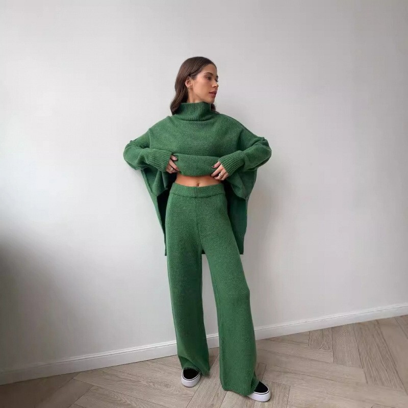 Russian Foreign Trade Cross-Border Autumn and Winter High-Neck Knitwear Set for Women, Lazy Loose Sweater + Wide-Leg Pants Two-Piece Set Russian Foreign Trade Cross-Border Autumn and Winter High-Neck Knitwear Set for Women, Lazy Loose Sweater + Wide-Leg Pants Two-Piece Set