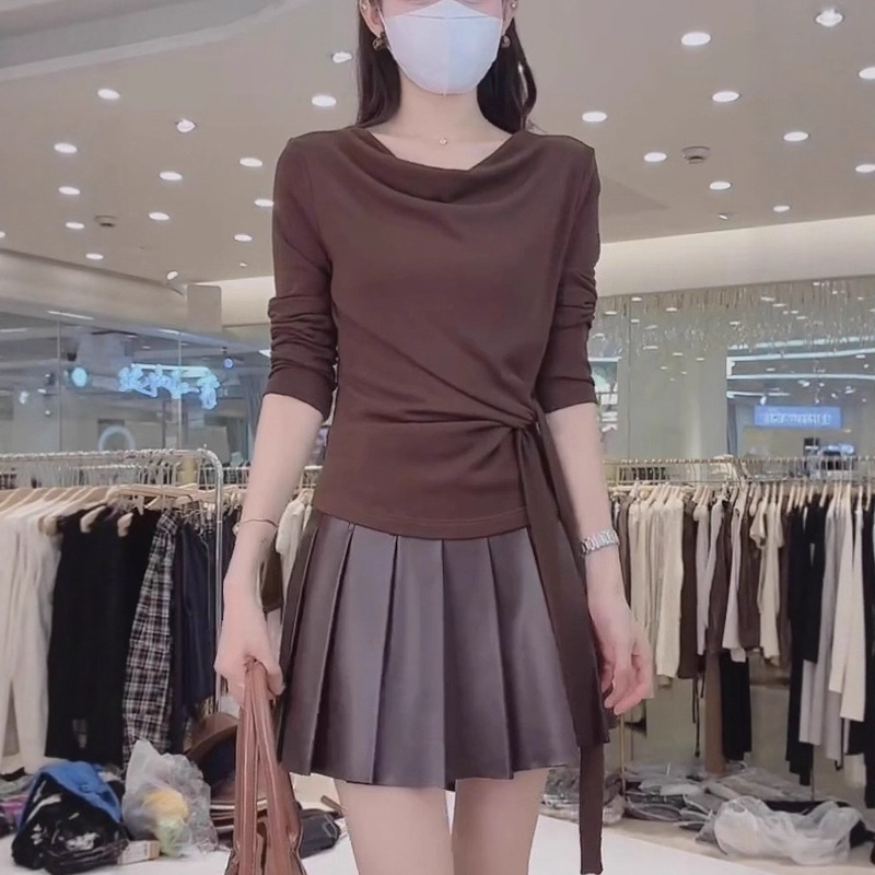 独特别致绝美蓝条纹飘带荡领长袖t恤女秋季大码胖mm显瘦漂亮上衣|undefined