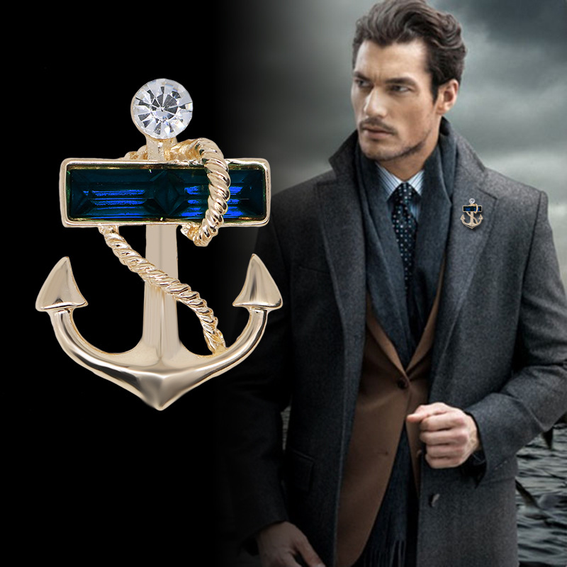 European and American classic navy wind ship anchor brooch men's coat coat pin Sapphire accessories badge factory direct sales