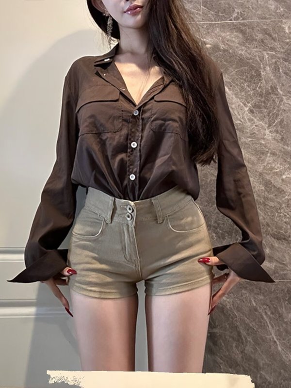 FUIV ダブルボタンヒップデニムショートパンツ女性のための 2025 春の新ライトカーキハイウエスト痩身ヒップホットパンツ|undefined