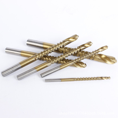 Cross-border 6PC saw drill set sawtooth drill high-speed steel round handle titanium-plated woodworking groove multi-function sawtooth twist drill