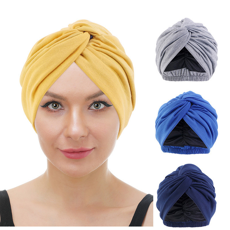 Indian elastic double-layer turban cap solid color cross twist cap silk-like chemotherapy cap ethnic cap Amazon