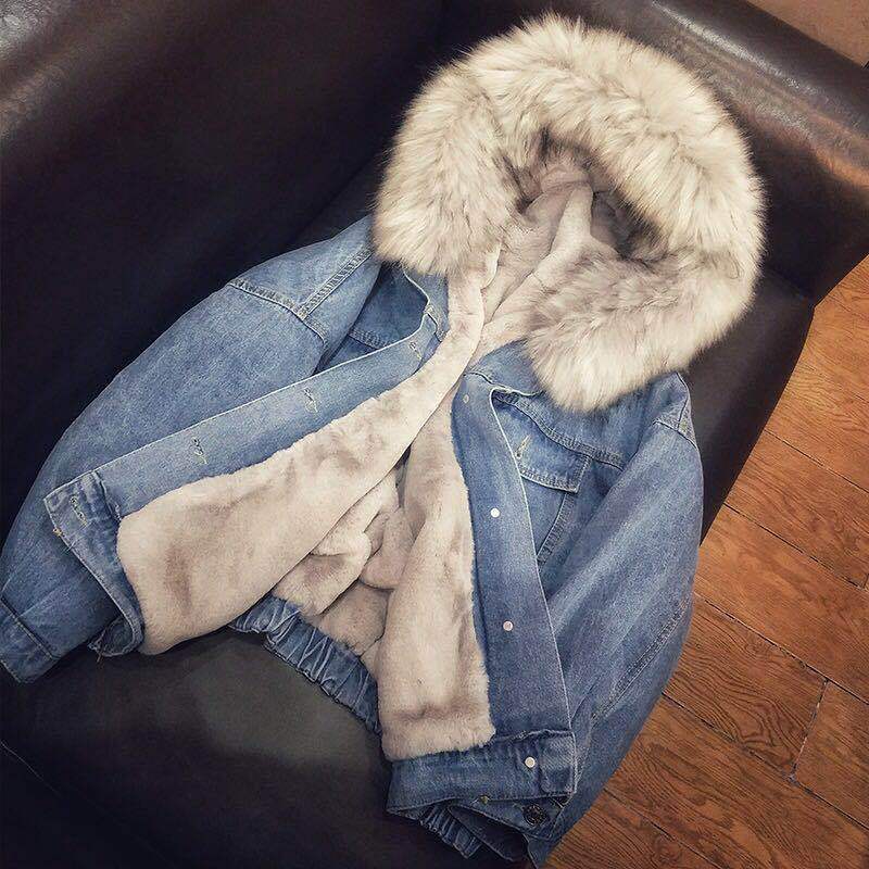 Dameskleding Korte katoenen jas Winter Nieuwe stijl Plus fluwelen katoenen jas Losse Koreaanse stijl Denim bontkraag Verdikte jas Dames_voghion.com