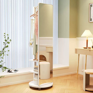 Solid Wood Rotatable Full-Length Dressing Mirror with Integrated Floor-Standing Storage Coat Rack, Bedroom Hanging Clothes Rack, Mirror Frame, Light Luxury