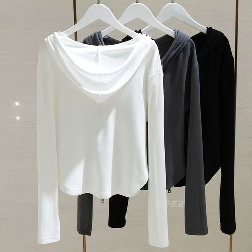 Zippered Hooded Sweatshirt Top for Women, White, Long-Sleeved, Autumn, Fitted, Slimming, Short-Sleeve, Drop-Shipped