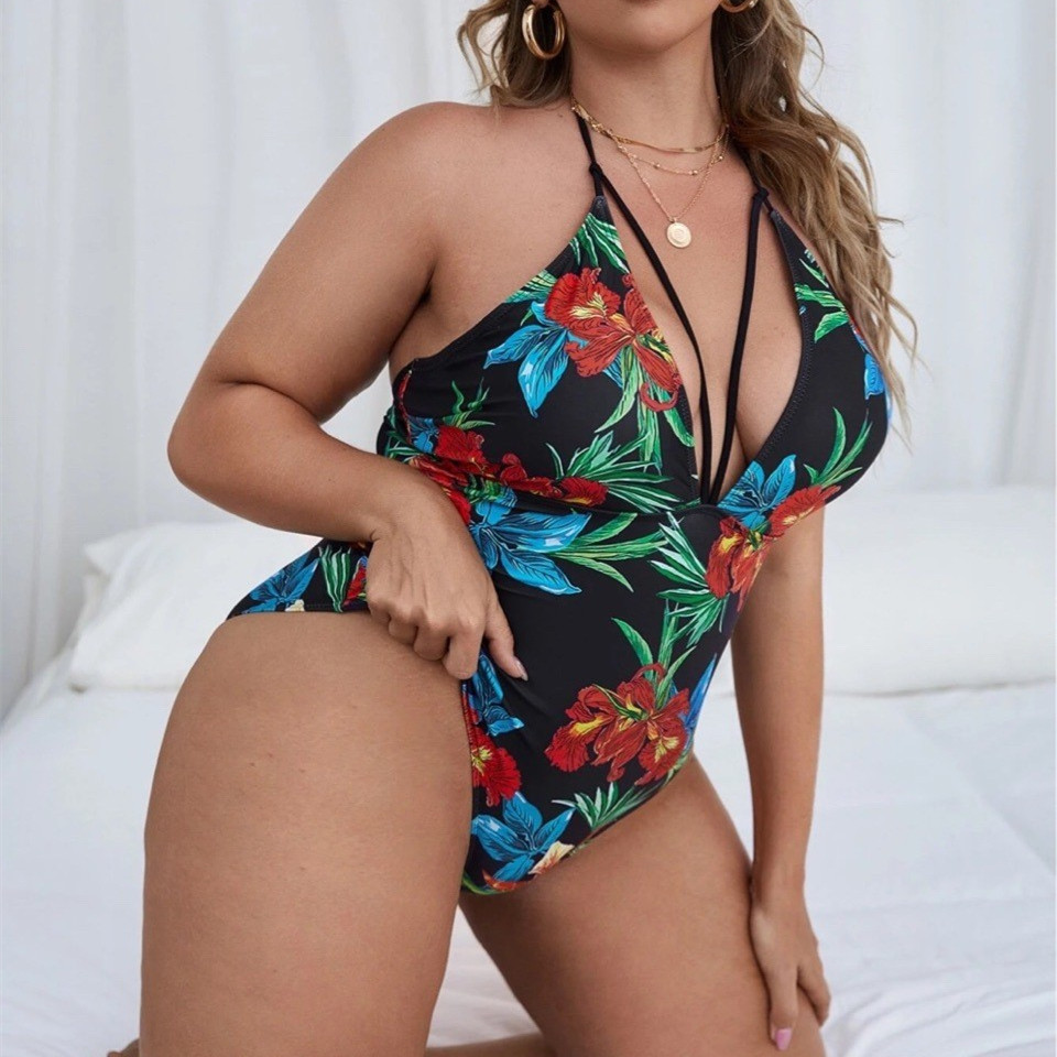 plus size Printing Lace-Up Hanging neck Backless Deep V one-piece swimsuit NSJHD124718