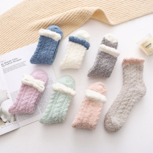 Autumn and Winter new socks for women fleece-lined thick coral velvet socks tied twist mid-calf Terry socks half velvet socks