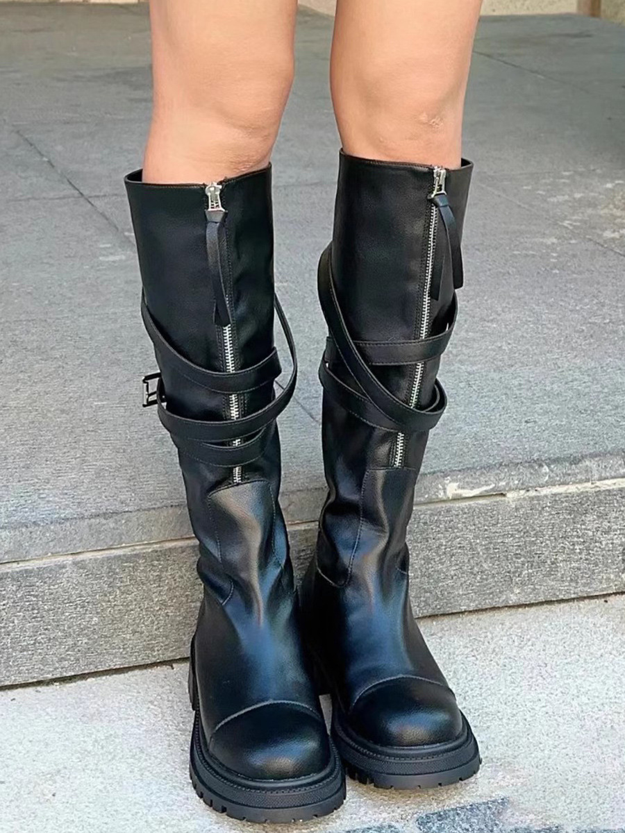 ShoeGlobe 2025 Spring And Autumn New Over-the-Knee Long For Women Martin With Belt Buckle Thick Sole Motorcycle Riding High Tube_voghion.com