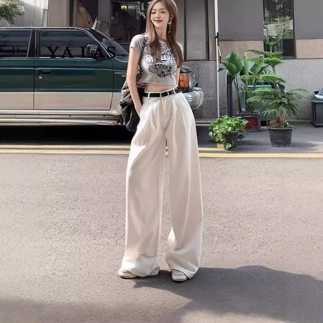 Американские белые широкие джинсы женские 2024 новые высокие талии тонкая свободная складка ленивые прямые брюки