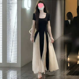 法式高级感气质网纱短袖连衣裙女2026夏御姐收腰显瘦别致大摆长裙