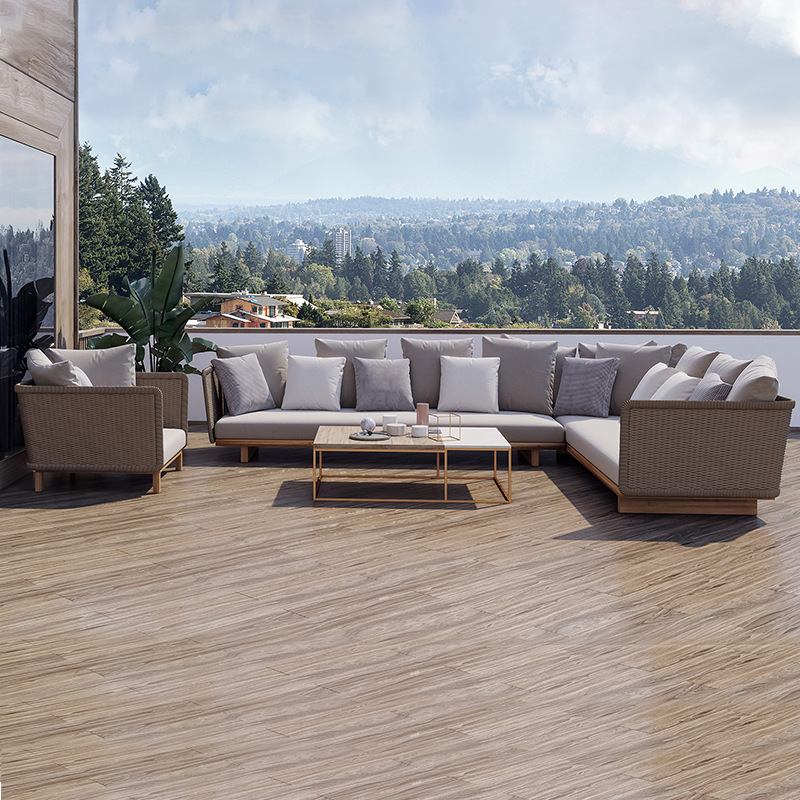 Sofá de patio exterior, conjunto de muebles para jardín y balcón, sofá de ratán y teca resistente al agua y al sol para terraza de villa.