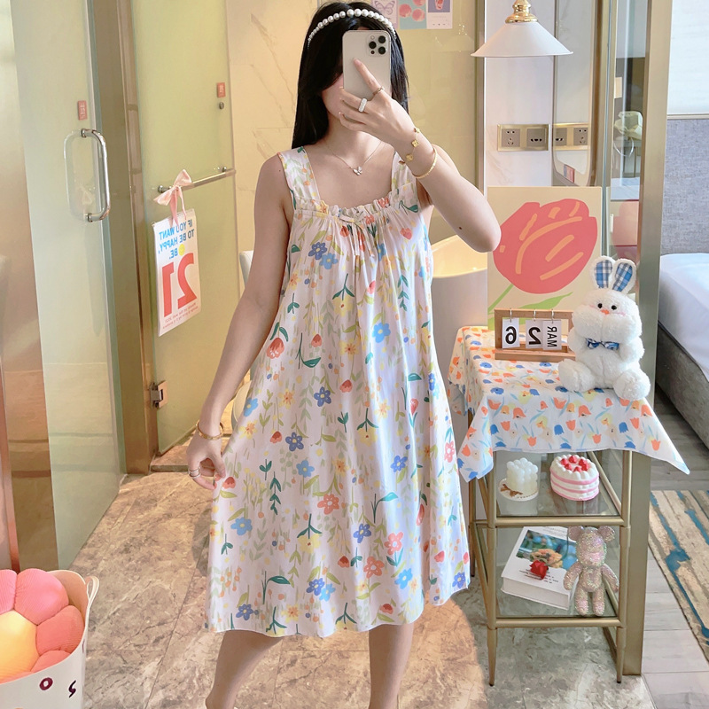 Cotton Silk Nightdress Women's Summer New Sling Small Floral Pajamas Summer Artificial Cotton Girl's Cute Cotton Silk Home Clothes