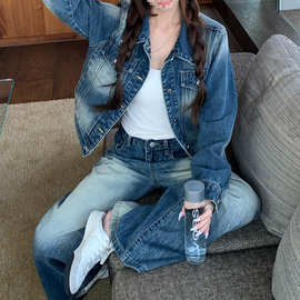 【运补】2026春秋水洗蓝牛仔外套复古水洗磨白女设计款上衣