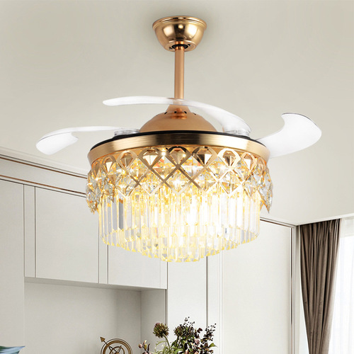European invisible fan lamp home crystal chandelier frequency conversion living room bedroom restaurant ceiling fan lamp with light fan wholesale