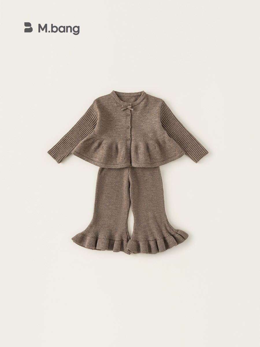 Yubao ropa infantil para niñas primavera y otoño dulce arco jersey cardigan pantalones de lana de cuerno dos piezas