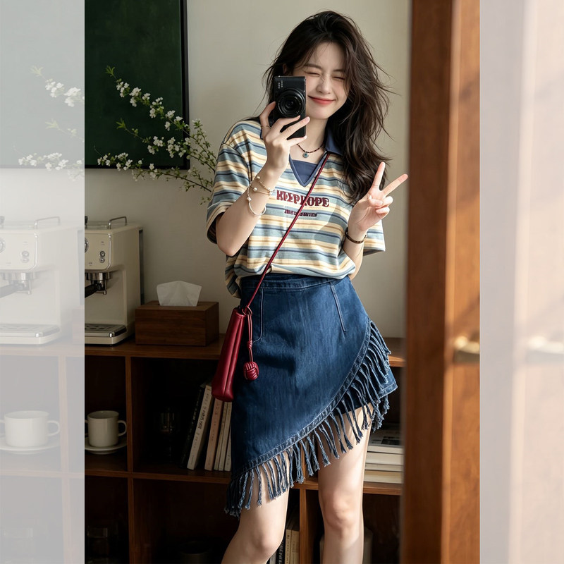 2026 Summer New Korean Style Gentle Striped Short-Sleeve Top for Women Paired with Denim Skirt-Pants Two-Piece Set A12265