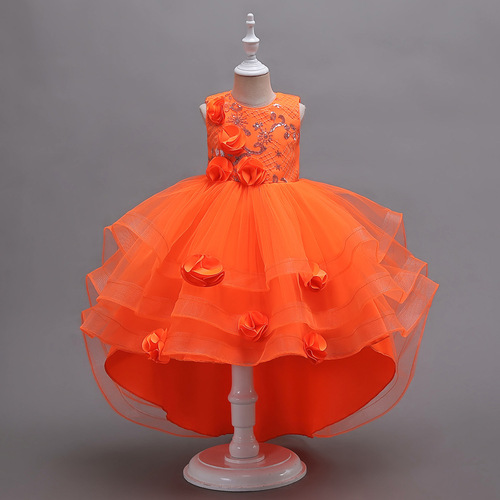 Girl's dress with train princess dress flower child girl runway host piano performance costume bustle evening gown summer