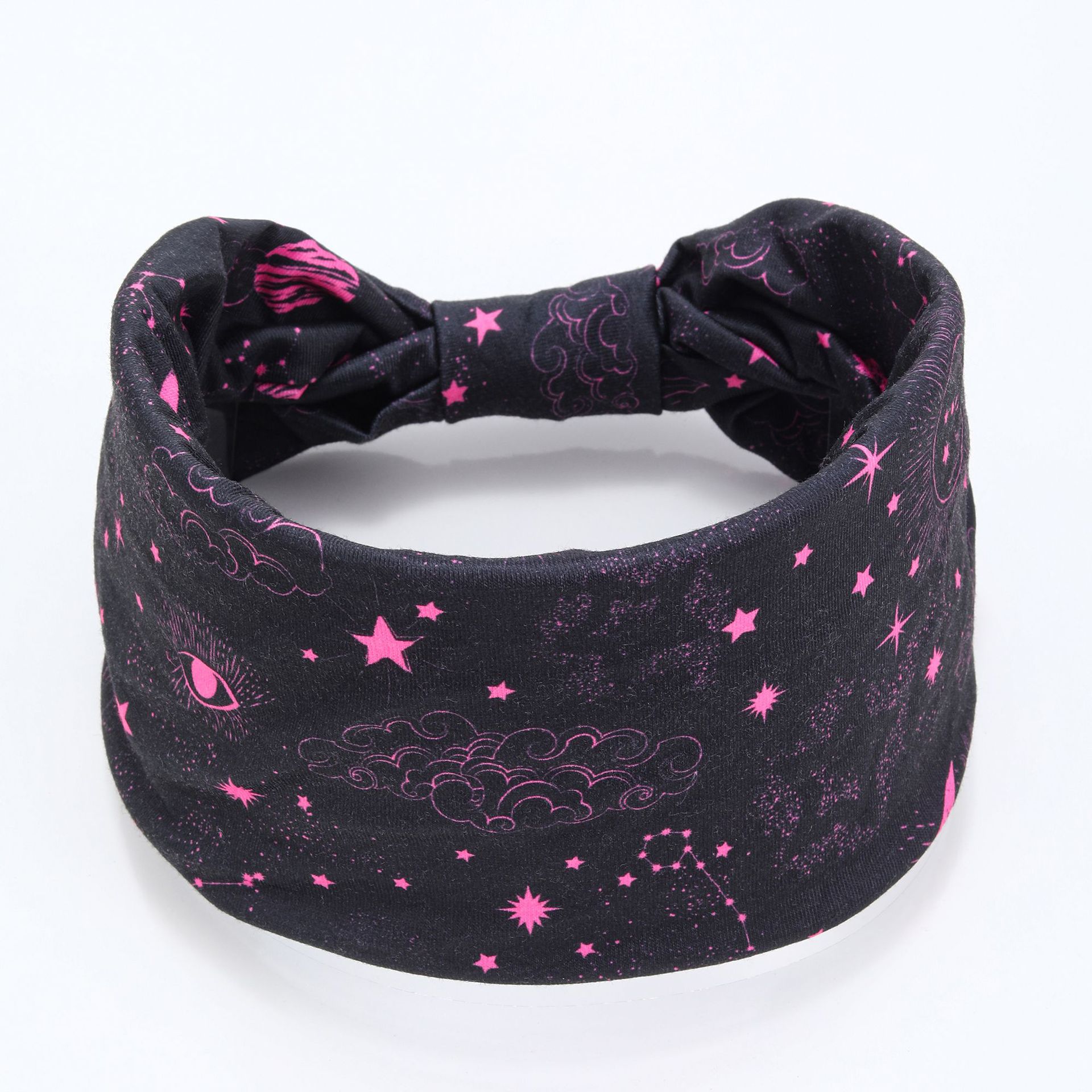 Banda de cabello de borde ancho de estilo nacional antideslizante para mujeres y niñas adornamiento de cabello de patrón de cuadrícula de estrella y luna flotante