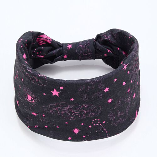 Wide Edge Knotted Headband with Ethnic Style Anti-Slip Hair Ties for Ladies and Girls, Star and Moon Pattern Ribbons