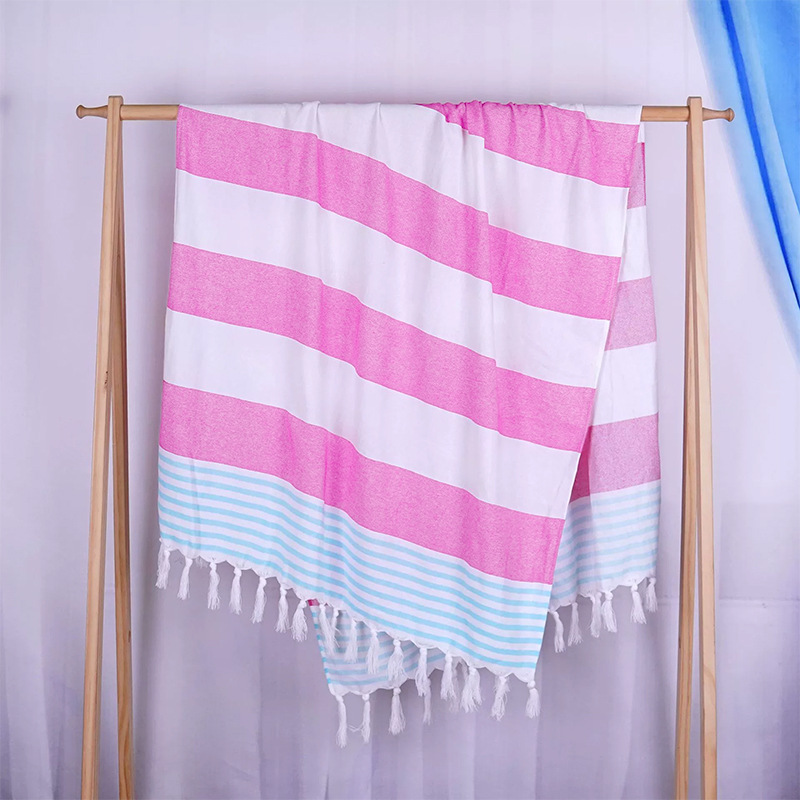 유러피언 스트라이프 태슬 비치 타월-핑크