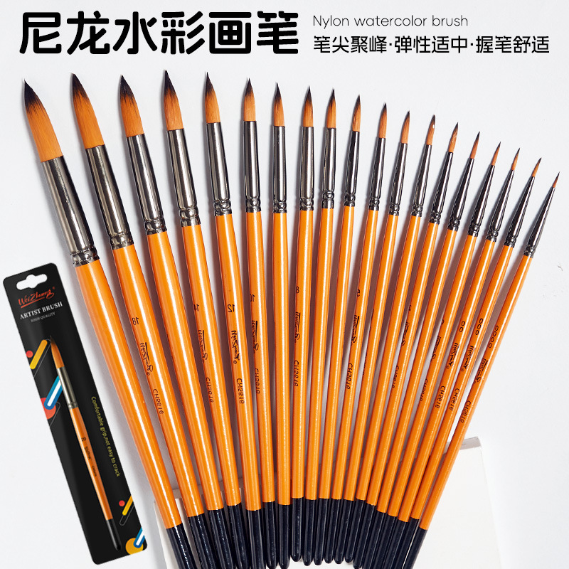 Nylon Hair Orange Light Color Wooden Pole Nylon Hair Watercolor Hook Line Brush Round Peak Manicure Oil Painting Stroke Brush Set
