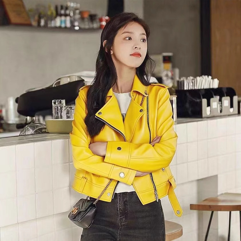 Cross-Border European Size Leather Jacket Women's Thin Autumn and Winter Coat Women's New Slim European and American Trendy Washed Korean Version Casual