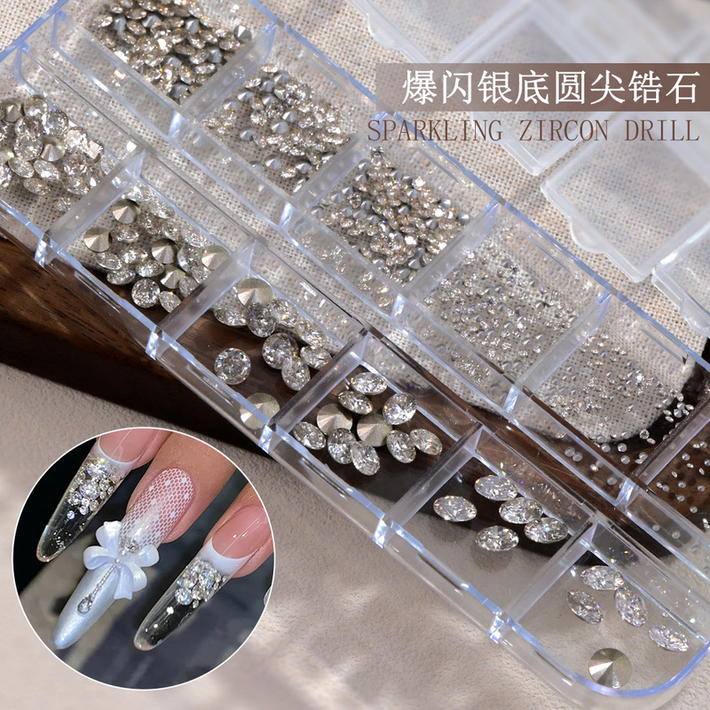 12 grid mixed zircon nail diamond jewelry flash sharp bottom 5A chambered silver bottom mini shaped diamond nail decoration