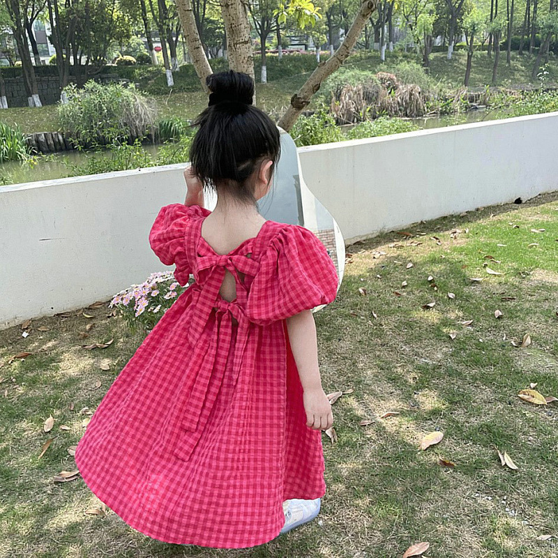 Jella Children's Clothing Girls Plaid Dress 2025 Summer New Korean Style Puff Sleeve Princess Dress Wholesale for Small and Medium-Sized Children