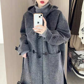韩系高级感灰色牛角扣毛呢子大衣中长款秋冬季宽松气质外套女装