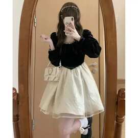 法式黑色长袖连衣裙女秋冬小个子感富家千金公主蓬蓬礼服短裙薄纱