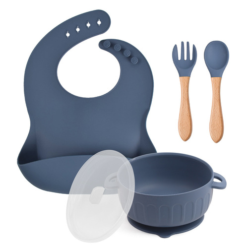 Set of 5 Children's Silicone Tableware: Bib, Suction Bowl, Wooden-handled Spoons and Forks - Baby Eating Silicone Bowl, Spoons and Forks