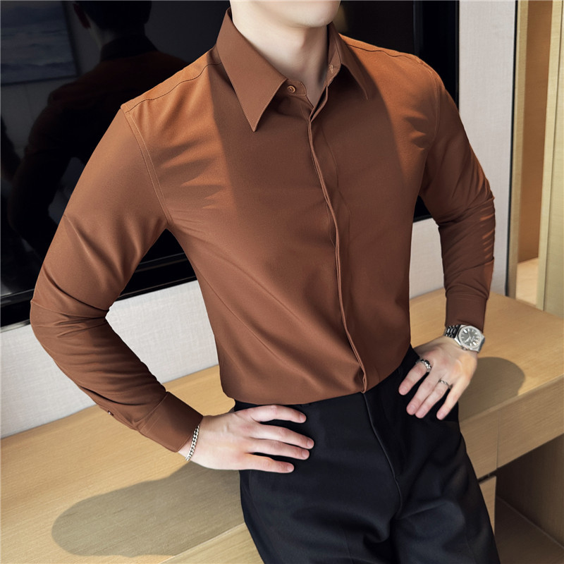긴팔 셔츠 남성 비즈니스 캐주얼 다크 플래킷 슬림핏 가을 겨울 노다림질 솔리드 컬러 전문 셔츠 남성 주름 방지 인치 셔츠