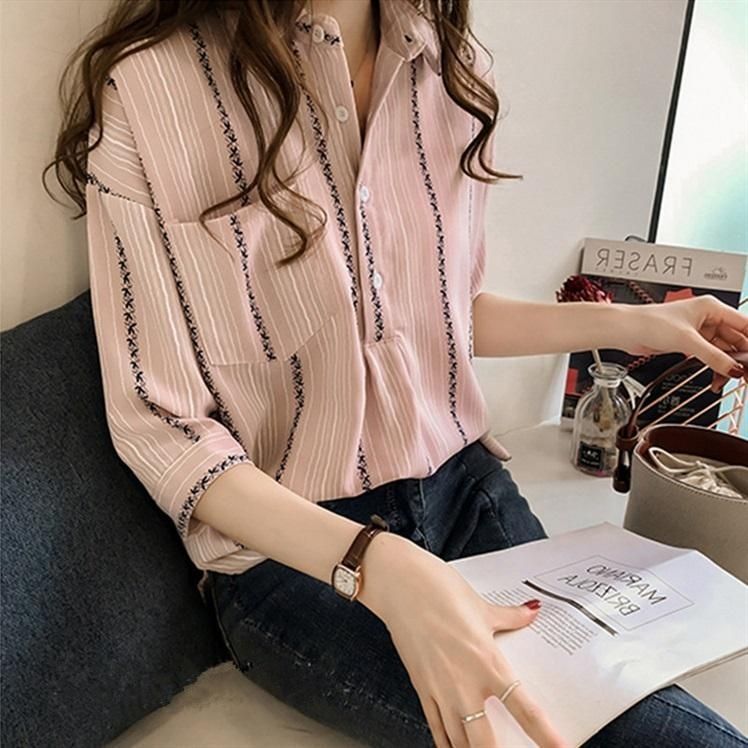 Foreign Trade Striped Shirt Women's Top 2026 Spring/Summer New Hong Kong Style Loose Casual Three-Quarter Sleeve Shirt Base Shirt for Women