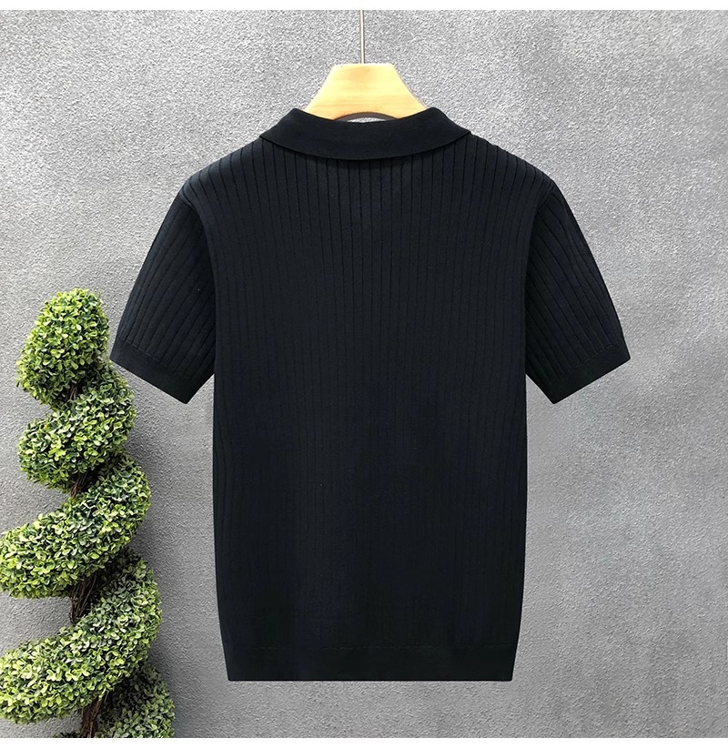 Herren Polohemd Gestrickt Gestreift Eisseide Kurzarm V-ausschnitt_voghion.com