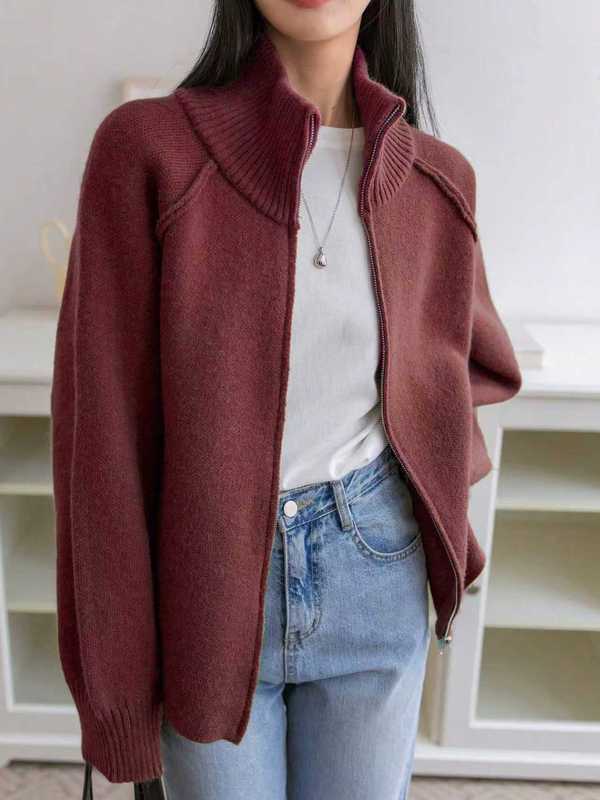 慵懒风毛衣外套女2025秋冬新款韩系纯色立领拉链针织开衫上衣|undefined