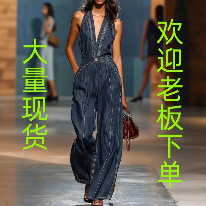 2026 Cross-Border E-Commerce Fashion V-Neck Casual Retro Sleeveless Wide-Leg Denim Jumpsuit Amazon Tem