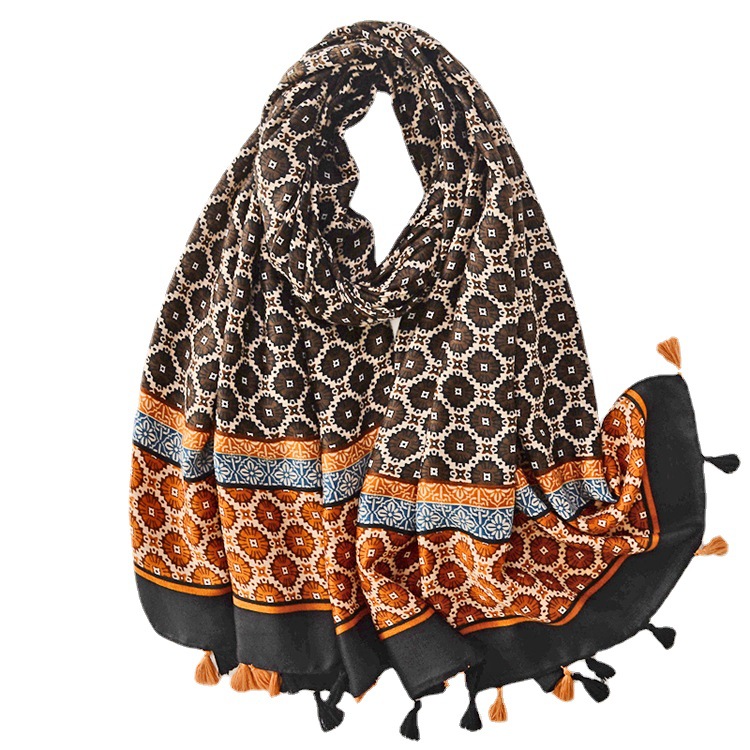 Estilo étnico retro rueda flor caliente protector solar bufanda larga borla decorativa chal algodón Lino suave bufanda