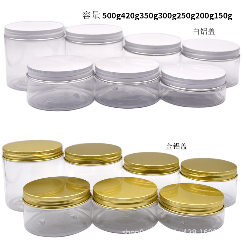 89 dientes 500g frasco transparente 250g sellado frasco de plástico transparente de alimentos 350g tapa de aluminio dorado caramelo frasco transparente