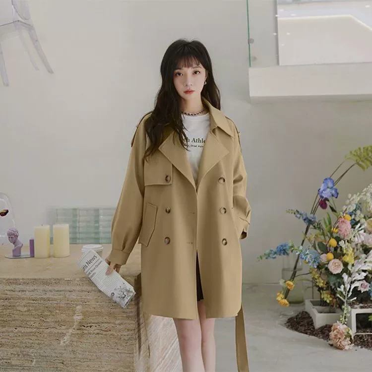 Элегантная ветровка цвета хаки для женщин, весна-осень 2025, новый стиль, миниатюрная куртка, верхняя одежда в британском стиле, средней длины.