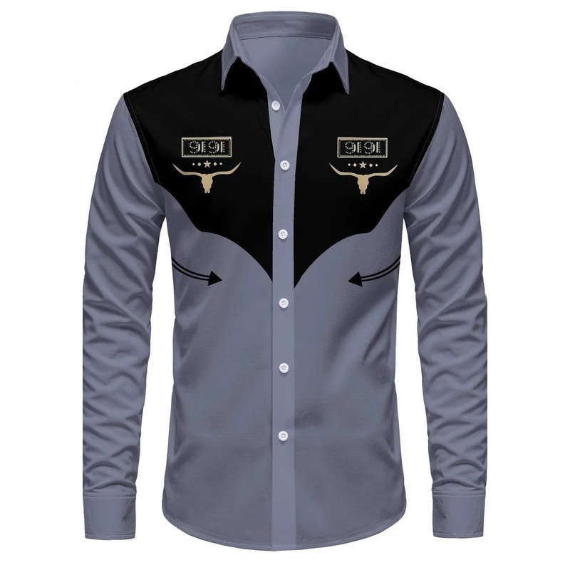 Fashion Men's Long Sleeve Shirt Breathable Casual Button Collar Shirt Retro Cowboy Western Style Long Sleeve Shirt