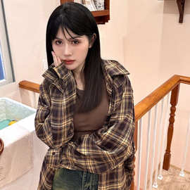 夏季复古美拉德!!显白衬衫原宿BF格子衬衫外套女春夏长袖T恤女衬