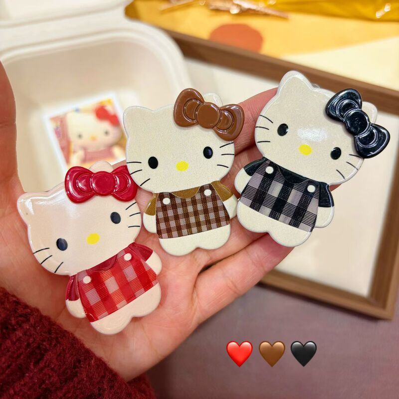 New Acrylic Kt Cat Cute and Sweet Cartoon Plaid Duckbill Side Clip Hair Accessory for Women