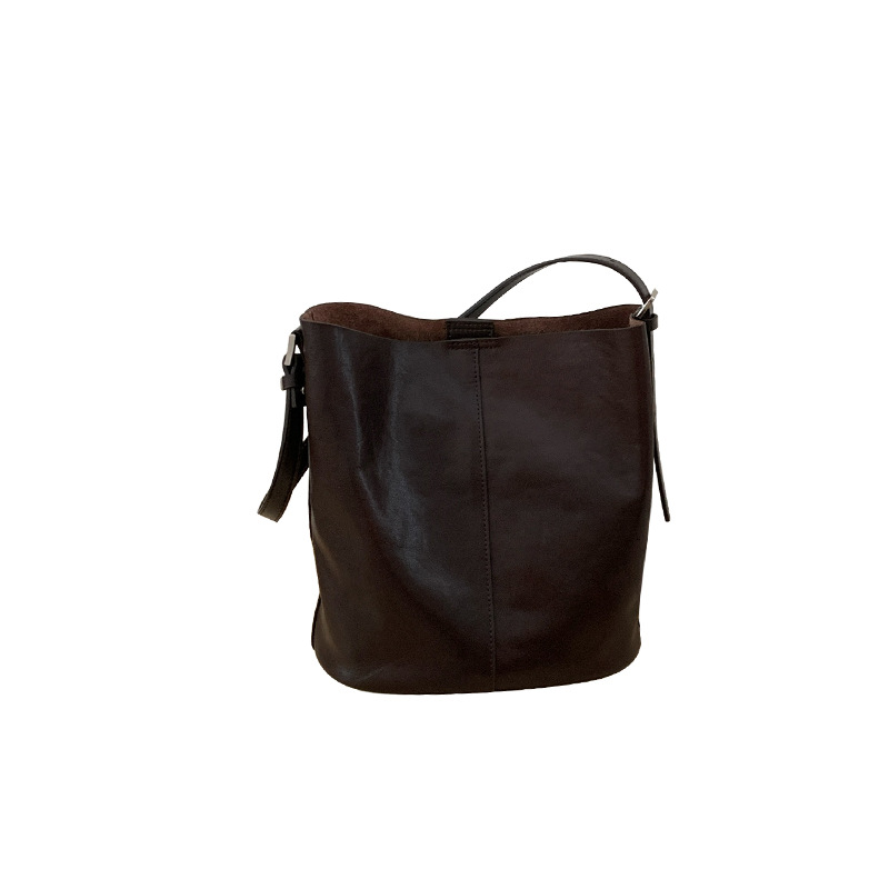 【 Vera pelle da donna 】 Borsa a secchiello monospalla in pelle bovina conciata al vegetale leggera e di lusso alla moda, sensoriale di alta qualità_voghion.com